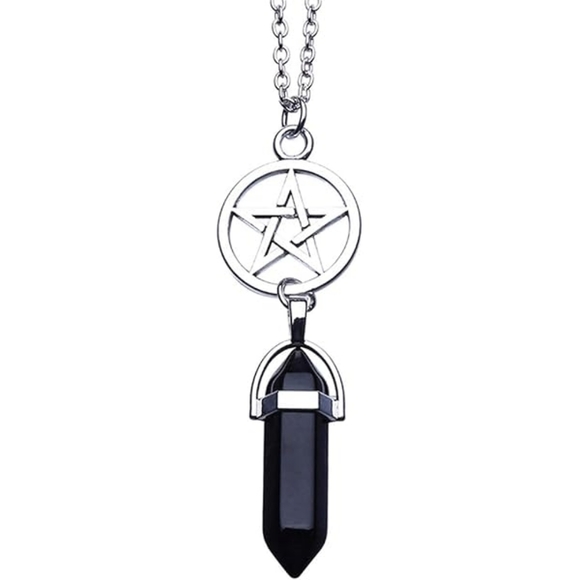 Jewelry - Black Crystal Pendant Necklace with Silver Pentacle Accent